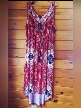 Sleeveless Red Patterned High-Low Maxi Dress